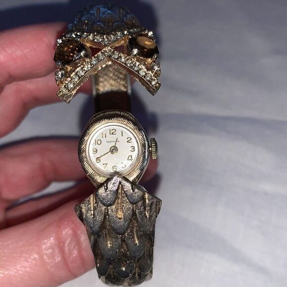 Vintage 1960’s Gold Tone Smoky Quartz Snake Dragon Scale Hinge Swiss Watch - Picture 2 of 15